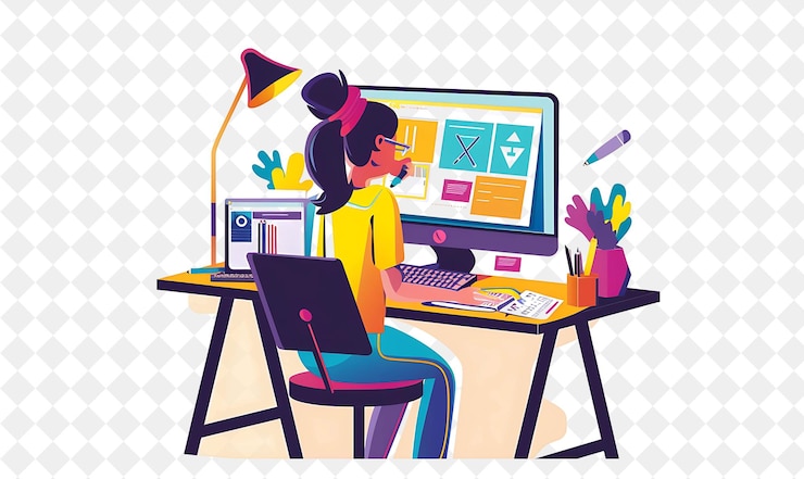 PSD künstlerischer grafikdesigner mit charakteren entwurf und schaffung von png menschen in der täglichen arbeit illustration