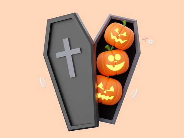 PSD kürbis jack o laterne mit sarg halloween-themenelemente 3d-illustration