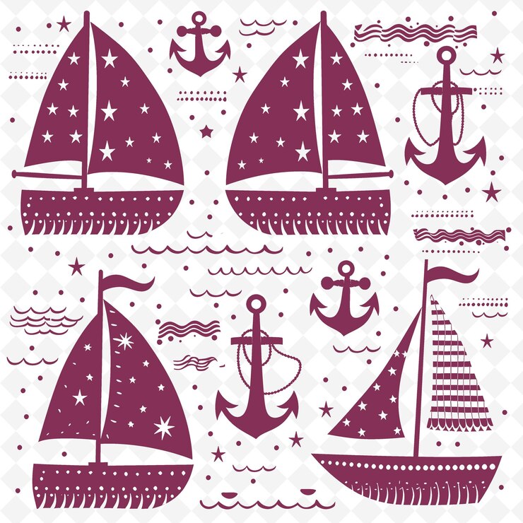 PSD küste segelboot umriss mit segelmuster und anker detail illustration dekor motive sammlung