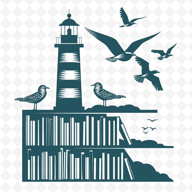 PSD küstenbücherregal-umriss mit leuchtturm-design und seagul-illustrations-dekorationsmotiven-sammlung