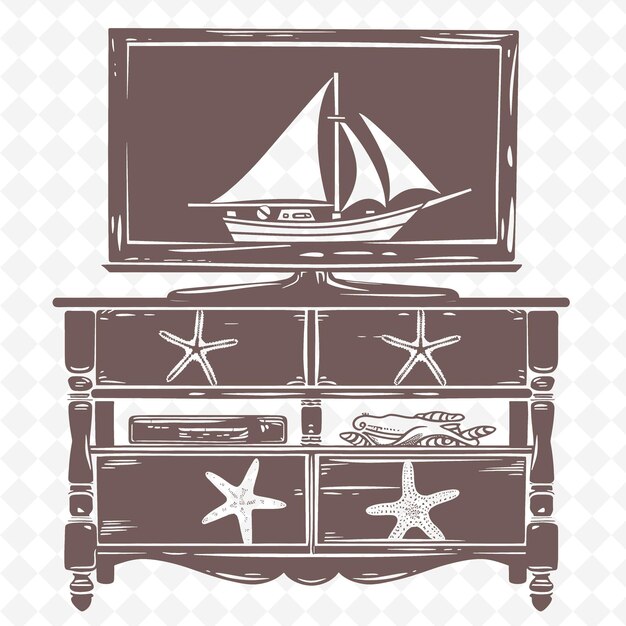 Küstenstil-fernsehstand mit segelboot-design und starfish sym illustration dekor-motiven-sammlung