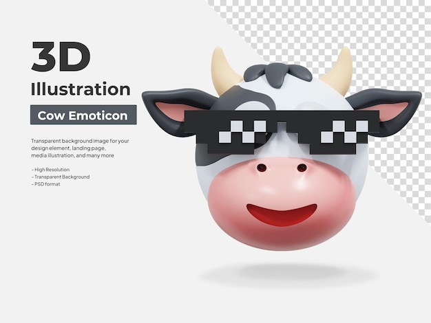 Kuh mit pixelbrille emoticon 3d-illustration