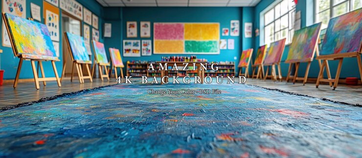 PSD kunststudio mit farbenfrohen gemälden und hölzernen easeln