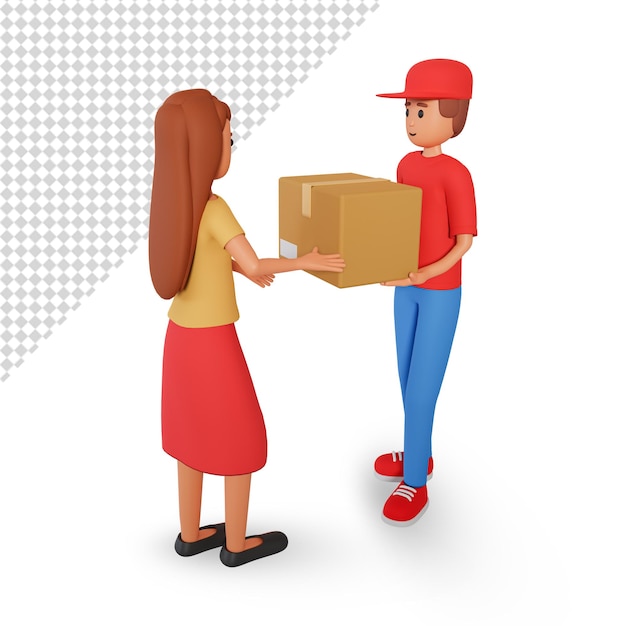 PSD kurier, der paket an kundenfrau 3d-illustration handhabt