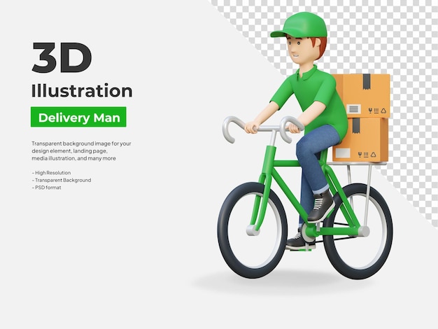 Kurier-Lieferpaket-Box mit Fahrrad, 3D-Cartoon-Illustration