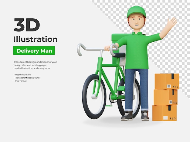 Kurier-Lieferpaket-Box mit Fahrrad, 3D-Cartoon-Illustration