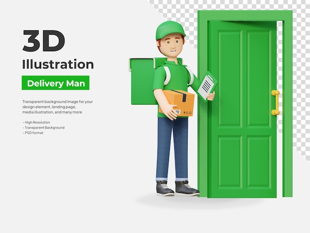 Kurierbote schickt Paketbox vor die Tür, 3D-Cartoon-Illustration