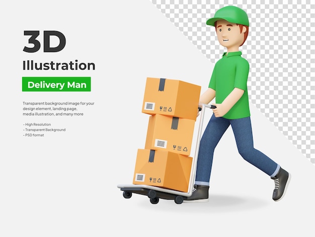 Kurierbote schiebt Radwagen-Paketbox 3D-Cartoon-Illustration