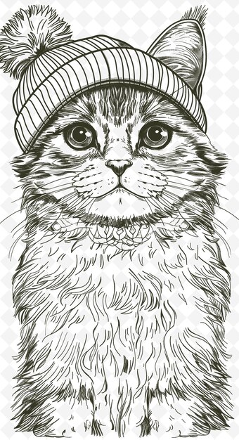 Kurilische bobtail-katze mit einem pompom-hut mit einem niedlichen expres-tier-sketch-art-vektor-sammlungen