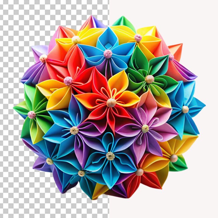 PSD kusudama de origami colorido sobre un fondo transparente