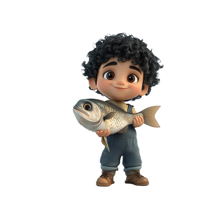 PSD l'adorabile ragazzo dei cartoni animati con orgoglio in mano un pesce appena catturato