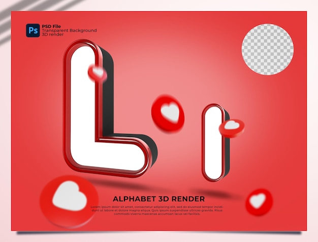 L alphabet 3d render rote farbe mit elementen