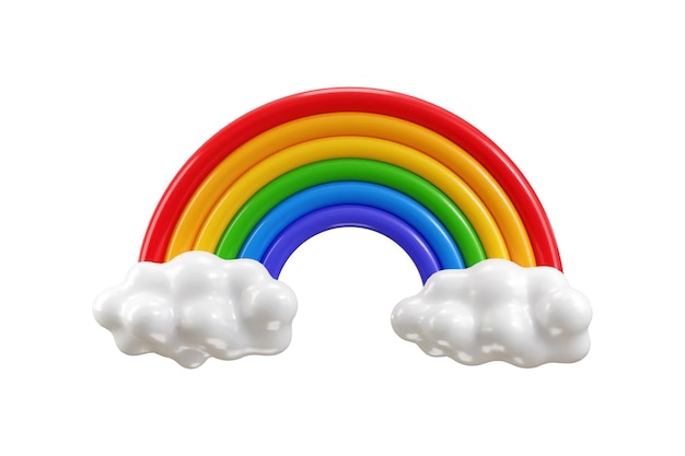L'arcobaleno sulle nuvole bianche icona 3d render concetto di buon tempo su colorata illustrazione arcobaleno