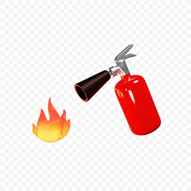 L'estintore rosso 3D e il fuoco ardente hanno isolato il rendering 3D