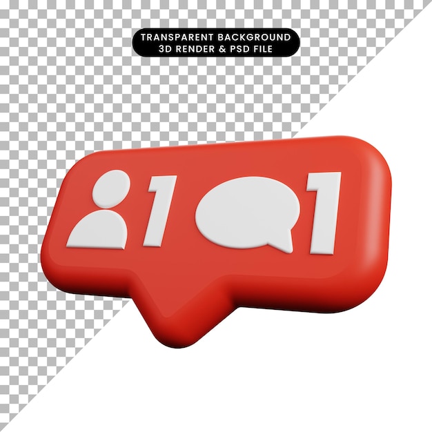 L'illustrazione 3d del concetto di notifica dei social media segue un'icona leggermente inclinata, commento
