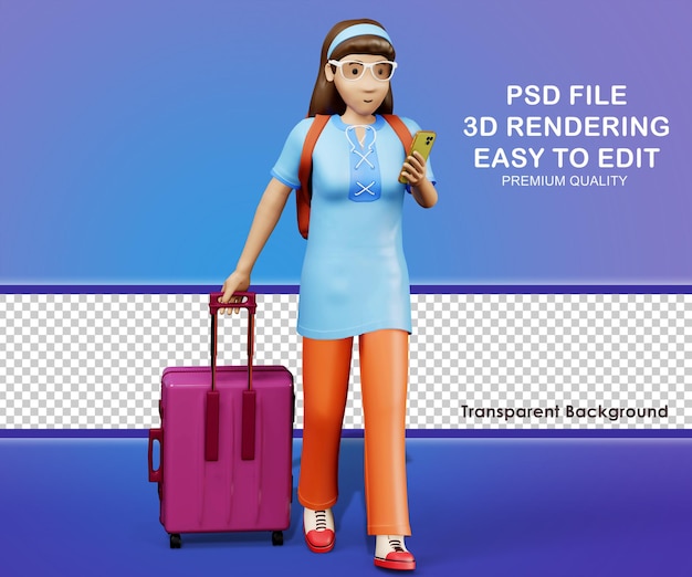 L'illustrazione 3d mostra la donna con la valigia che controlla le informazioni di viaggio