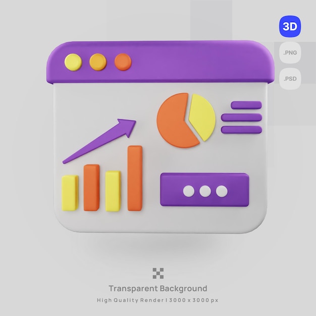 L'illustrazione dell'icona 3D rende l'analisi del grafico dei dati con sfondo trasparente