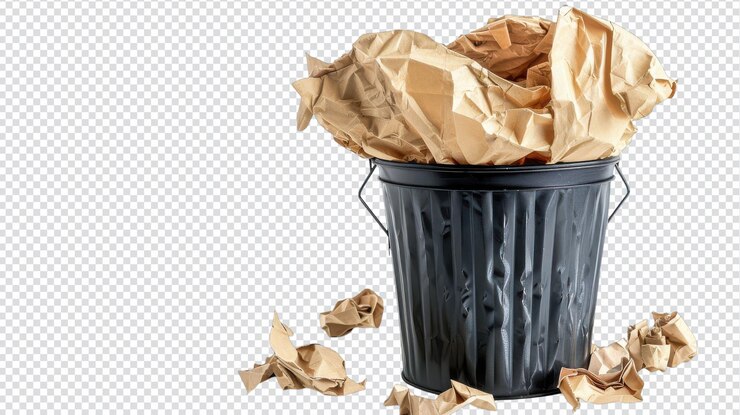 PSD l'immondizia con fogli di carta isolati su uno sfondo bianco per concetti ecologici e gestione dei rifiuti