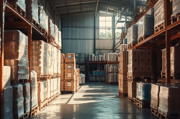 PSD l'interno del magazzino riempito di scatole di cartone e pallet impilati che mostrano lo stoccaggio e la logistica organizzati i flussi di luce solare attraverso le finestre