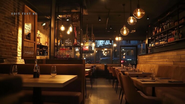 PSD l'interno del ristorante scarsamente illuminato di notte con cabine, tavoli, scaffali per il vino e mattoni esposti