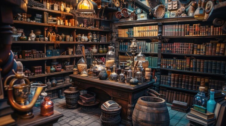 PSD l'interno di un negozio d'antiquariato pieno di scaffali di libri, pozioni e vetri
