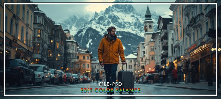 PSD l'uomo cammina nelle alpi, nella città, nella valigia, nelle montagne innevate.