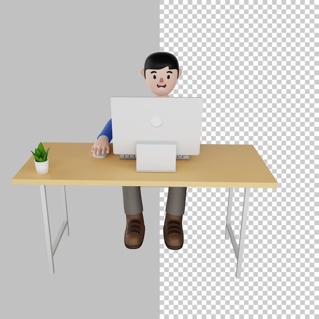 L'uomo seduto davanti al computer l'uomo lavora su un computer portatile freelancer 3d rende il personaggio 3d