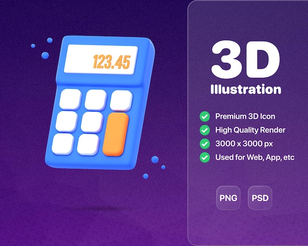La calcolatrice 3D esegue il rendering della grafica di design di calcolatrici eleganti e funzionali