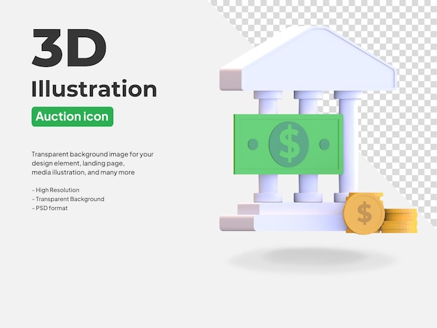 La casa d'aste con l'icona dei soldi del dollaro e dei centesimi 3d ha reso l'illustrazione