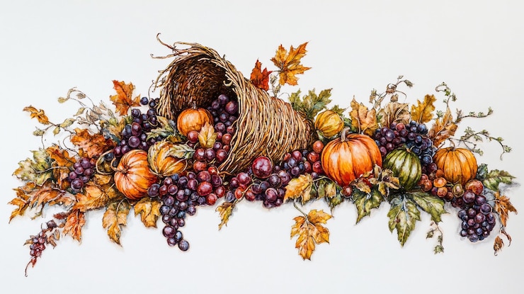 PSD la cornucopia autunnale trabocca di uva di zucca e foglie autunnali