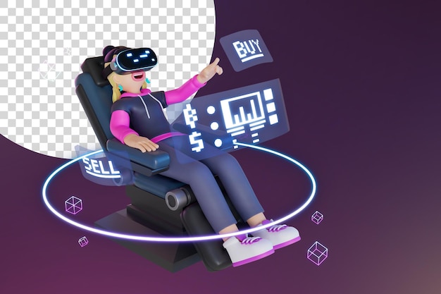 La donna che indossa la realtà virtuale e la sedia seduta sta utilizzando una piattaforma di trading digitale per scambiare monete crittografiche con rendering 3d