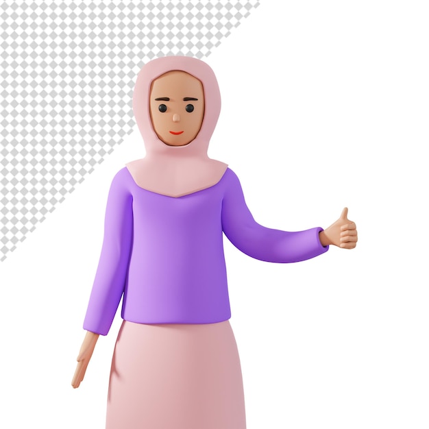 La donna musulmana in hijab mostra il dito del pollice sull'illustrazione 3d