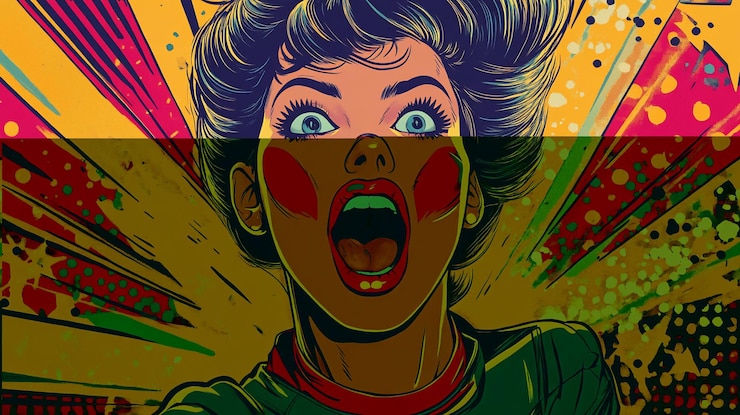 PSD la faccia di una donna scioccata in stile pop art vibrante