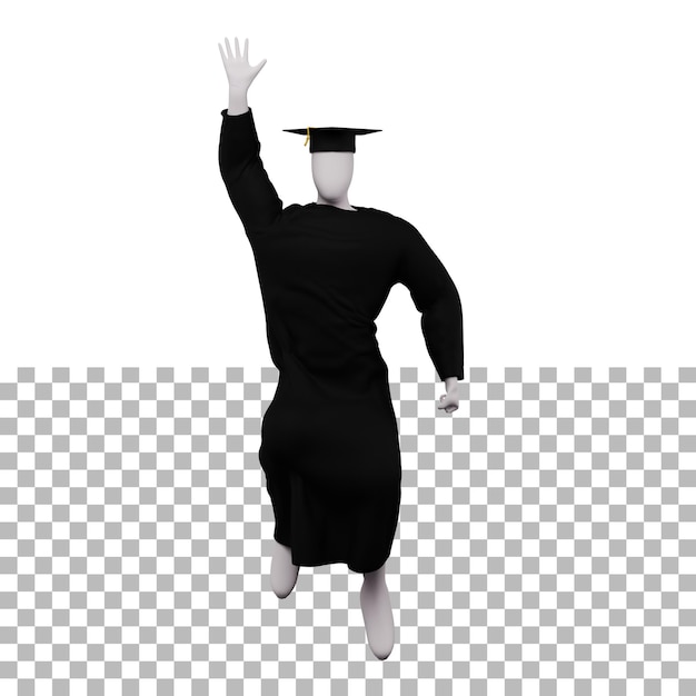 La figura di laurea del diploma 3d posa con berretto e abito e sta facendo una posa di salto e un saluto