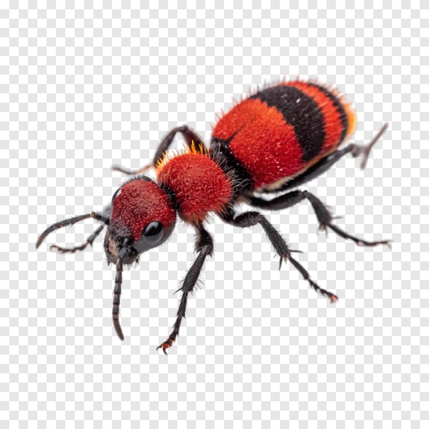 La formica di velluto rosso, una creatura stupefacente isolata su uno sfondo bianco trasparente