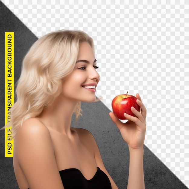 La giovane donna felice mangia una mela trasparente PSD isolata