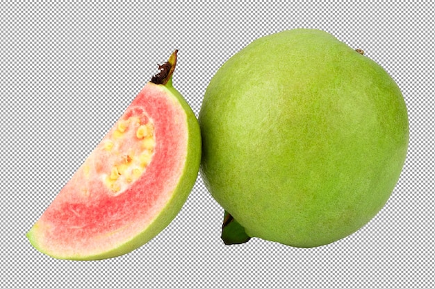 La guava è un frutto tropicale con la carne succiosa rosa isolata su uno sfondo trasparente