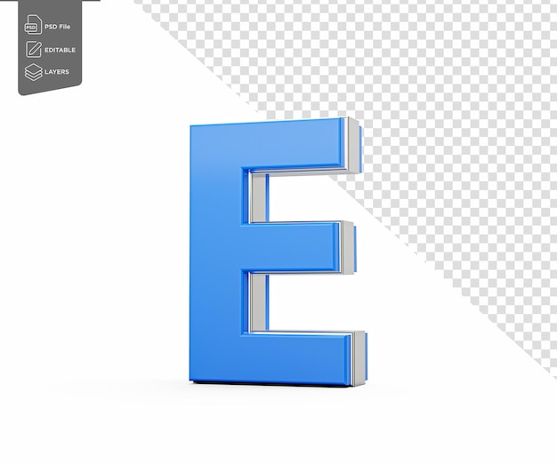 La lettera maiuscola blu E luccica con il suo elegante design moderno carattere a grassetto con bordi affilati illustrazione 3D