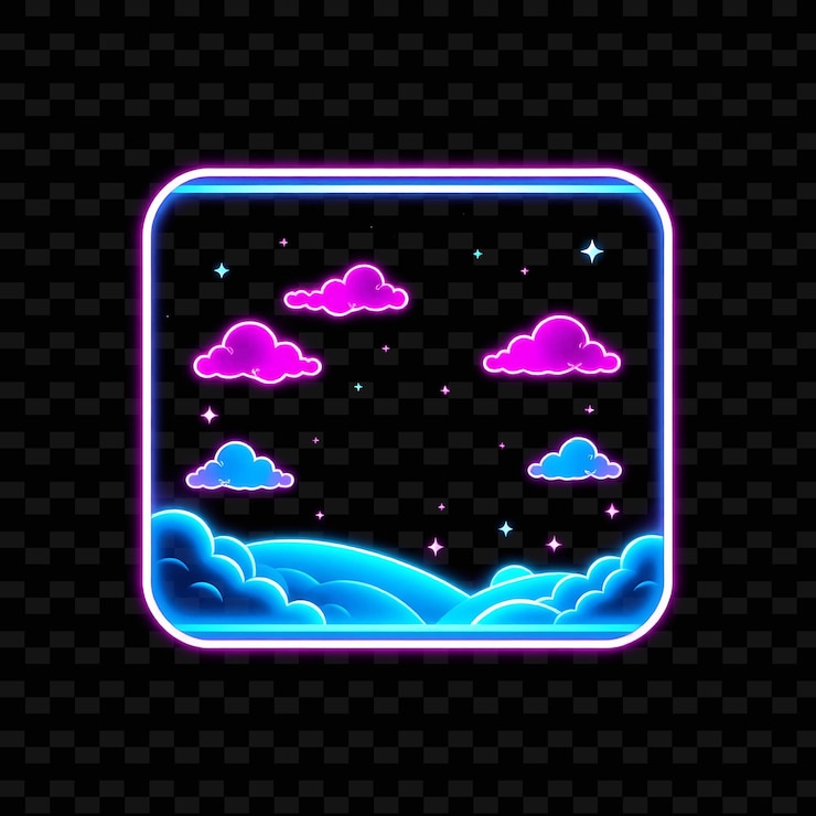 PSD la luccicante terra dei sogni al neon all'interno di un quadrato a silhouette nuvole luminose e minuscole stelle riempiono il kawaii