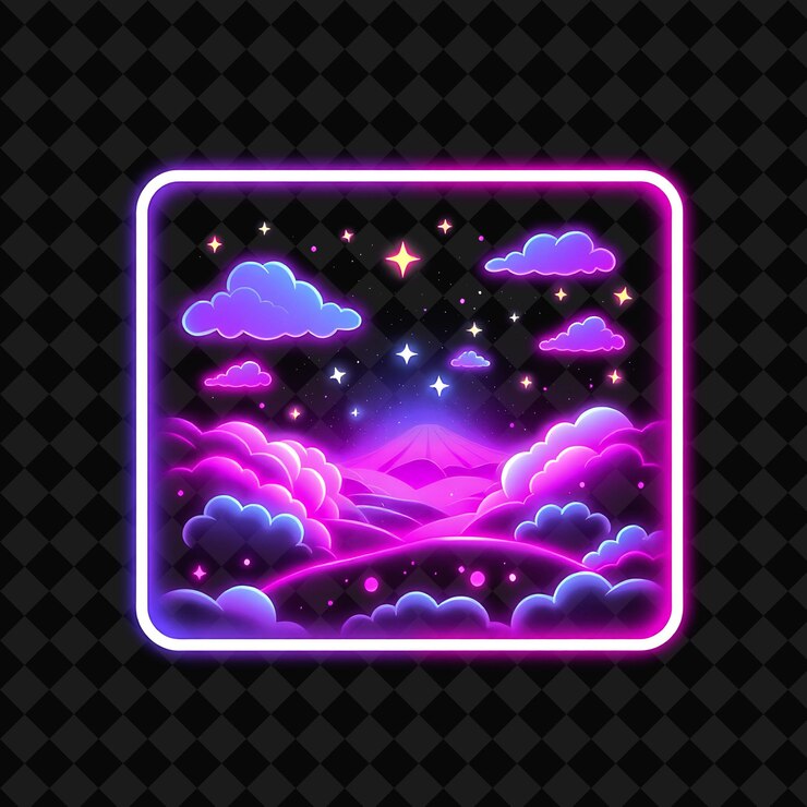 PSD la luccicante terra dei sogni al neon all'interno di un quadrato a silhouette nuvole luminose e minuscole stelle riempiono il kawaii
