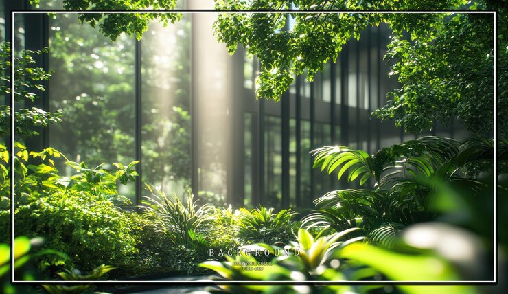 La luce del sole scorre attraverso una grande finestra che illumina un lussureggiante giardino interno con piante verdi