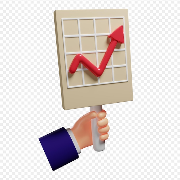 La mano 3d tiene la presentazione con il grafico Analisi e grafico di marketing sulla diapositiva