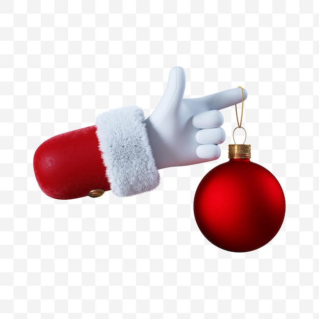 La mano del fumetto di Babbo Natale tiene la palla di Natale rossa