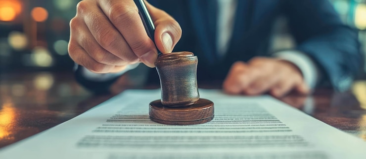 PSD la mano di un uomo d'affari preme un francobollo di legno su un documento legale