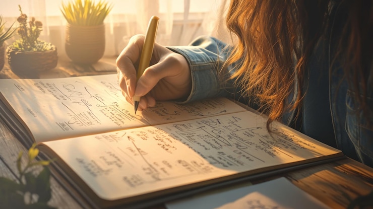 PSD la mano di una donna scrive in un diario con una penna d'oro. la luce del sole entra attraverso la finestra dietro di lei.