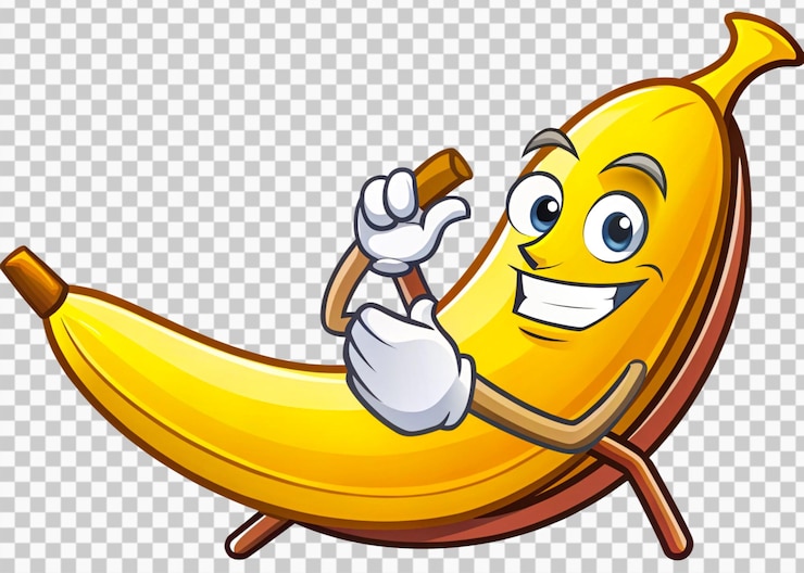 PSD la mascotte della banana si rilassa mentre si gode di un cartone animato di bevande su uno sfondo trasparente