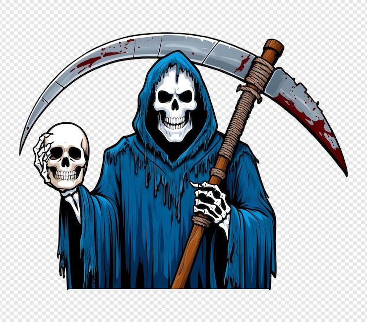 PSD la mietitrice con la falce macchiata di sangue e il teschio illustrazione digitale di halloween oscura