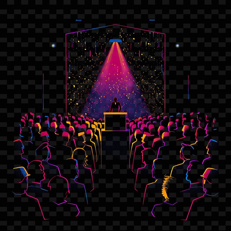 PSD la notte delle elezioni al neon scintillante con i candidati e i sostenitori neon line art city view