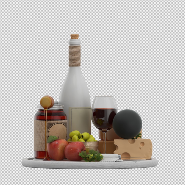 PSD la piccola tavola con il miele 3d della mela delle olive del vino del provolone rende