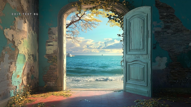 PSD la porta aperta rivela la vista sull'oceano da una stanza in decomposizione